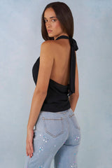 Deep Plunge Halterneck Top in Black