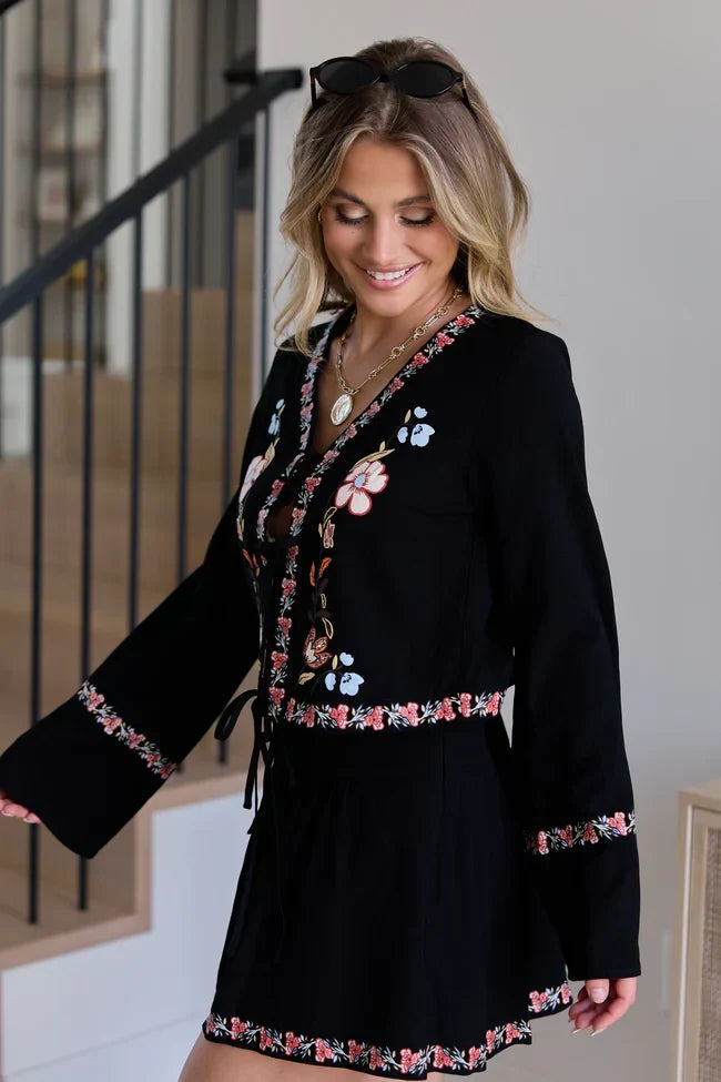 Celeste Black Floral Tie Top