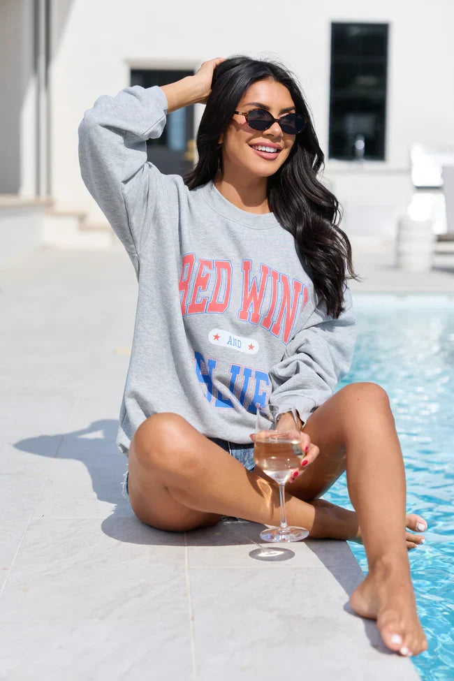 Red Wine And Blue Light Grey Graphic Sweatshirt