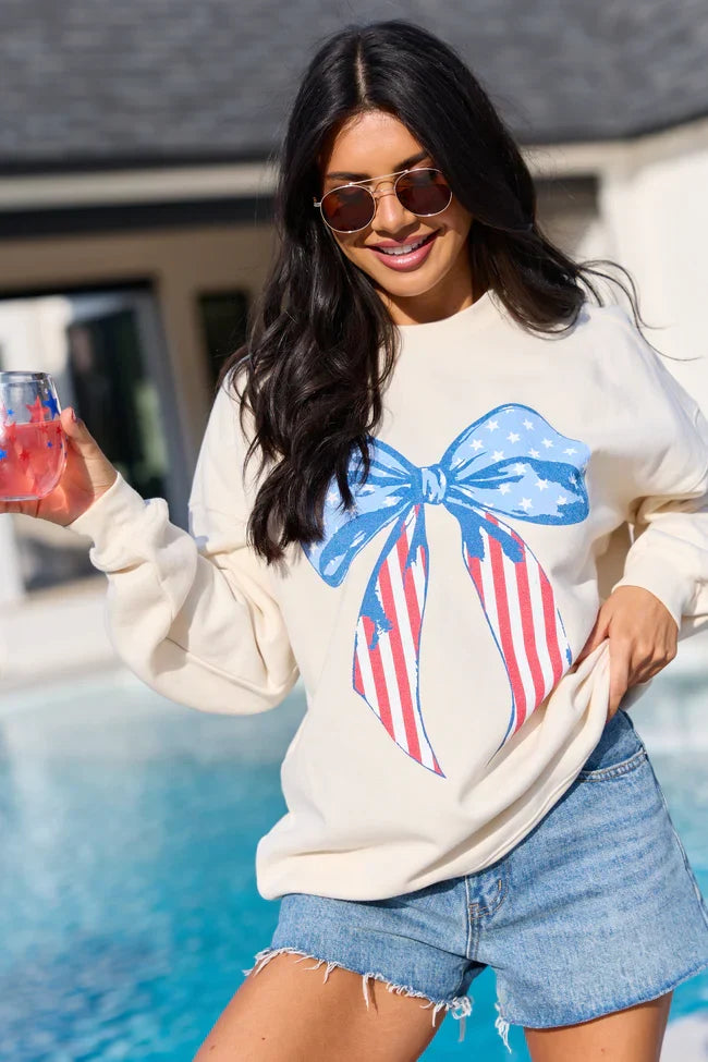 Patriotic Bow Cream Graphic Sweatshirt