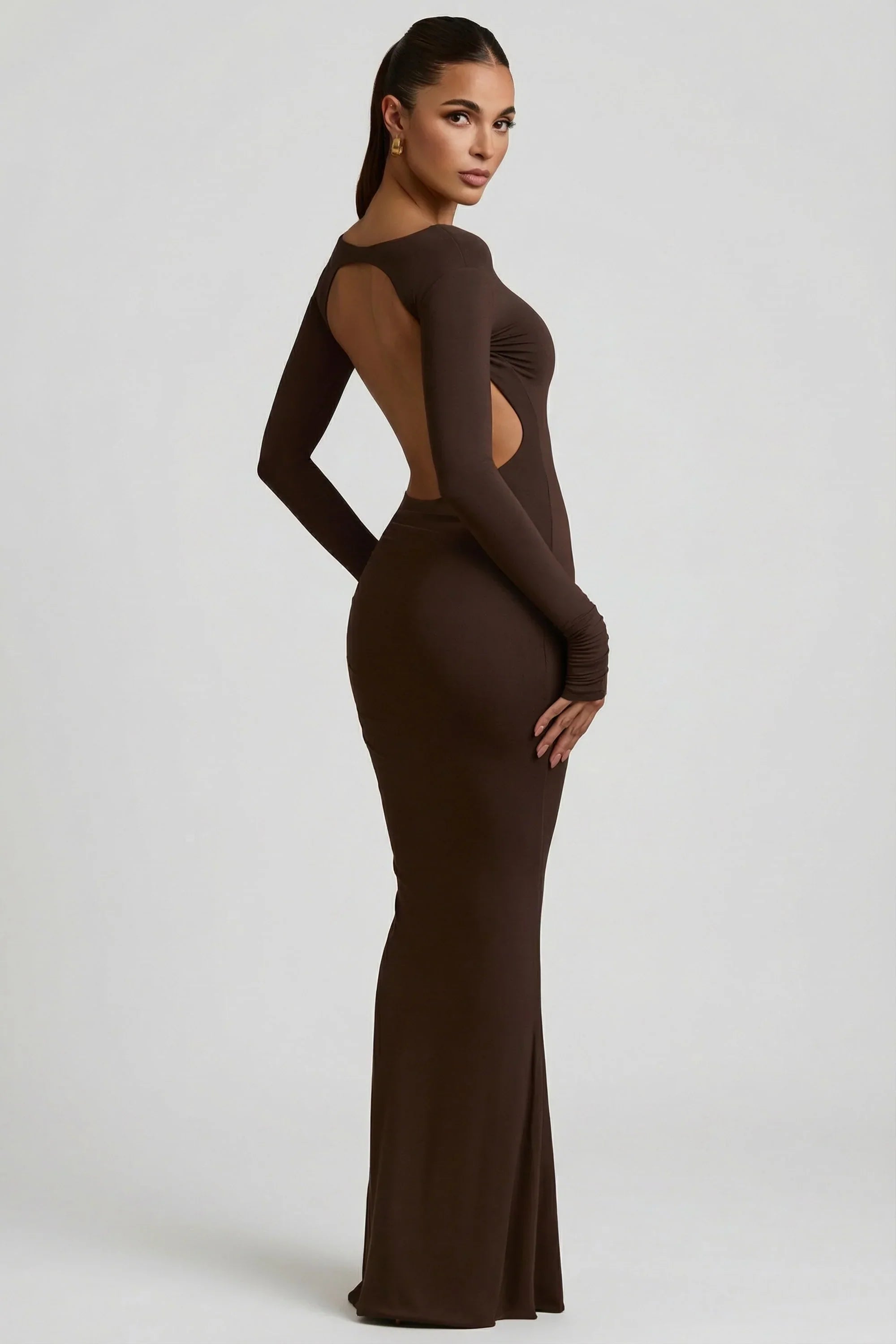 Modal Ruched Backless Maxi Dress in Chocolate Brown