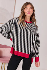 Kara Black And White Stripe Waffle Pullover