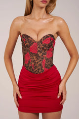 Bandeau Draped Skirt Mini Dress in Rose Leopard Print