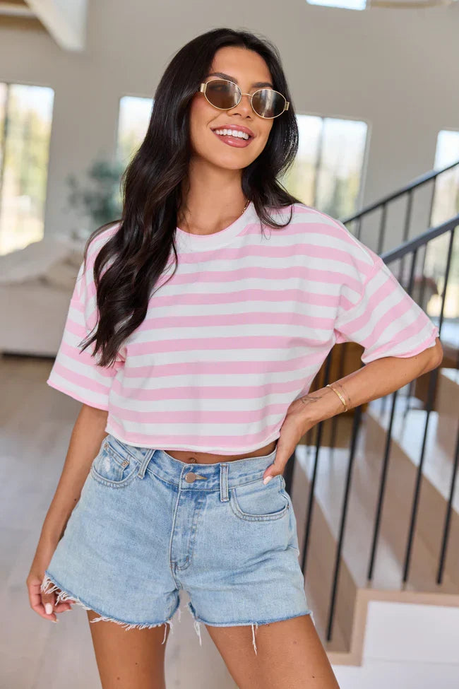 Perfect Idea Cropped Pink Striped Tee