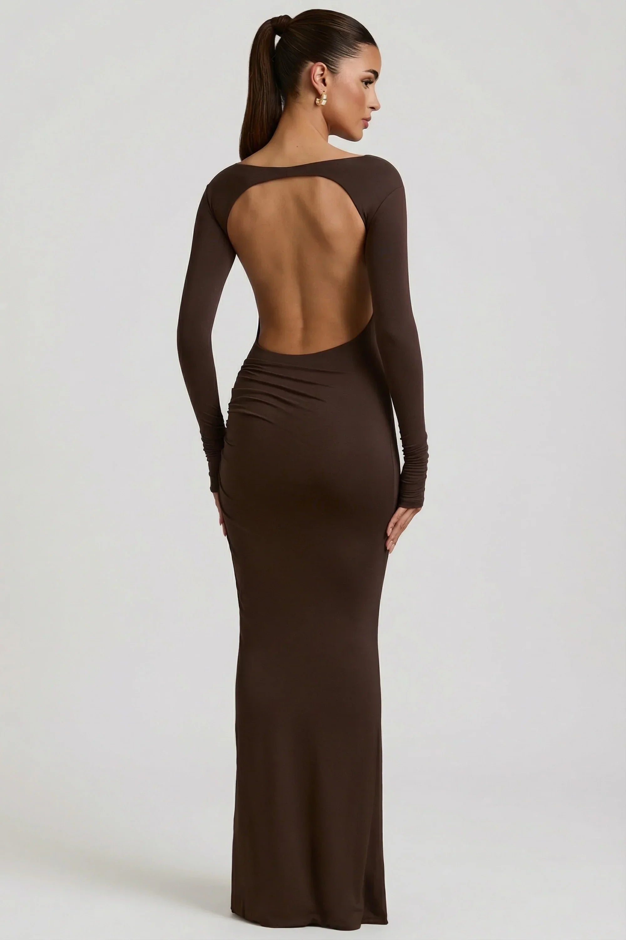 Modal Ruched Backless Maxi Dress in Chocolate Brown