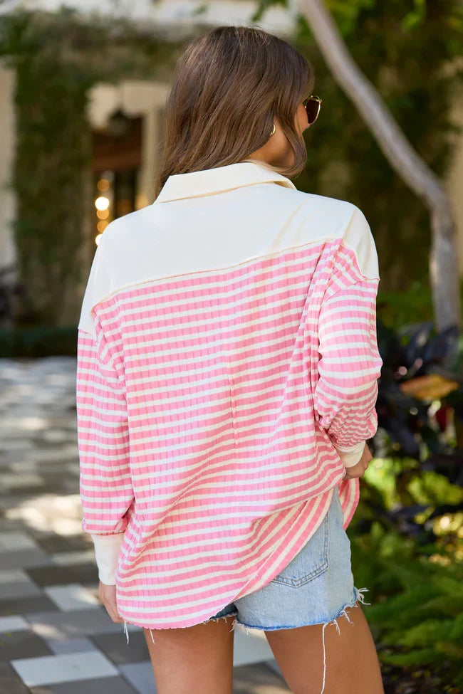 This Is The Life Pink And Ivory Stripe Oversized Henley Top