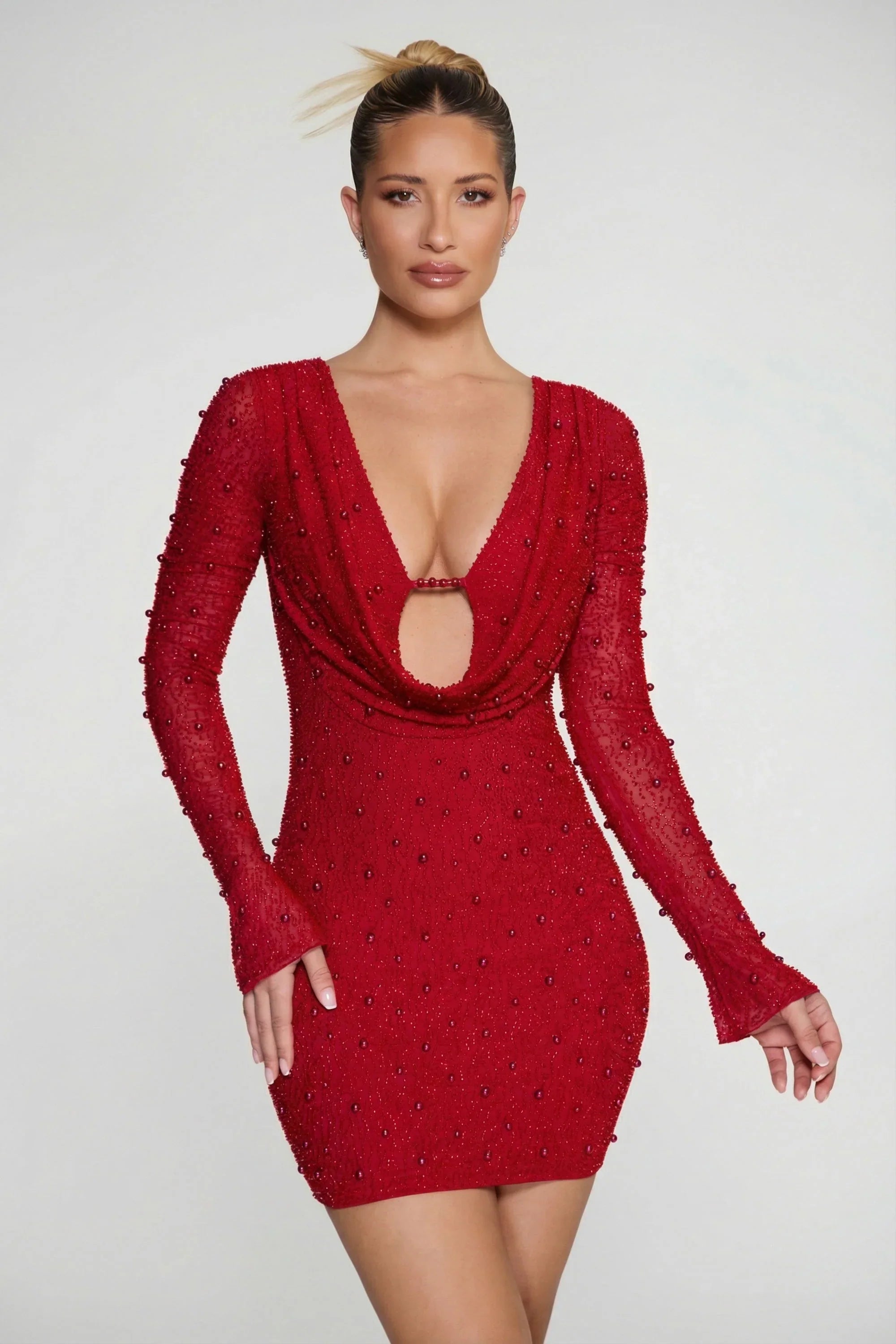 Long Sleeve Deep Plunge Mini Dress in Red