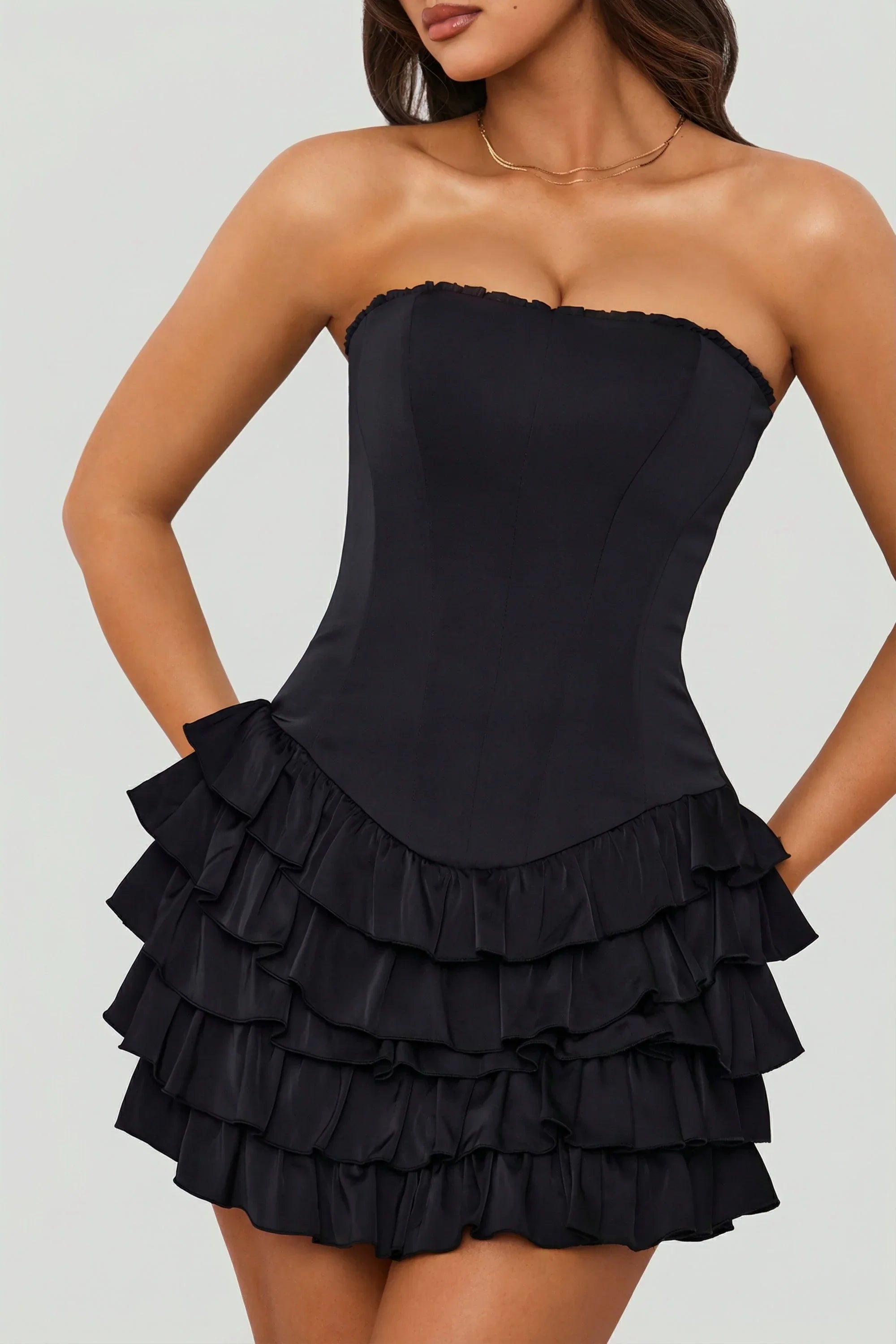 Bandeau Ruffled Tiered Corset Mini Dress in Black