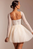 Embellished Long Sleeve Tulle Skirt Mini Dress in Ivory