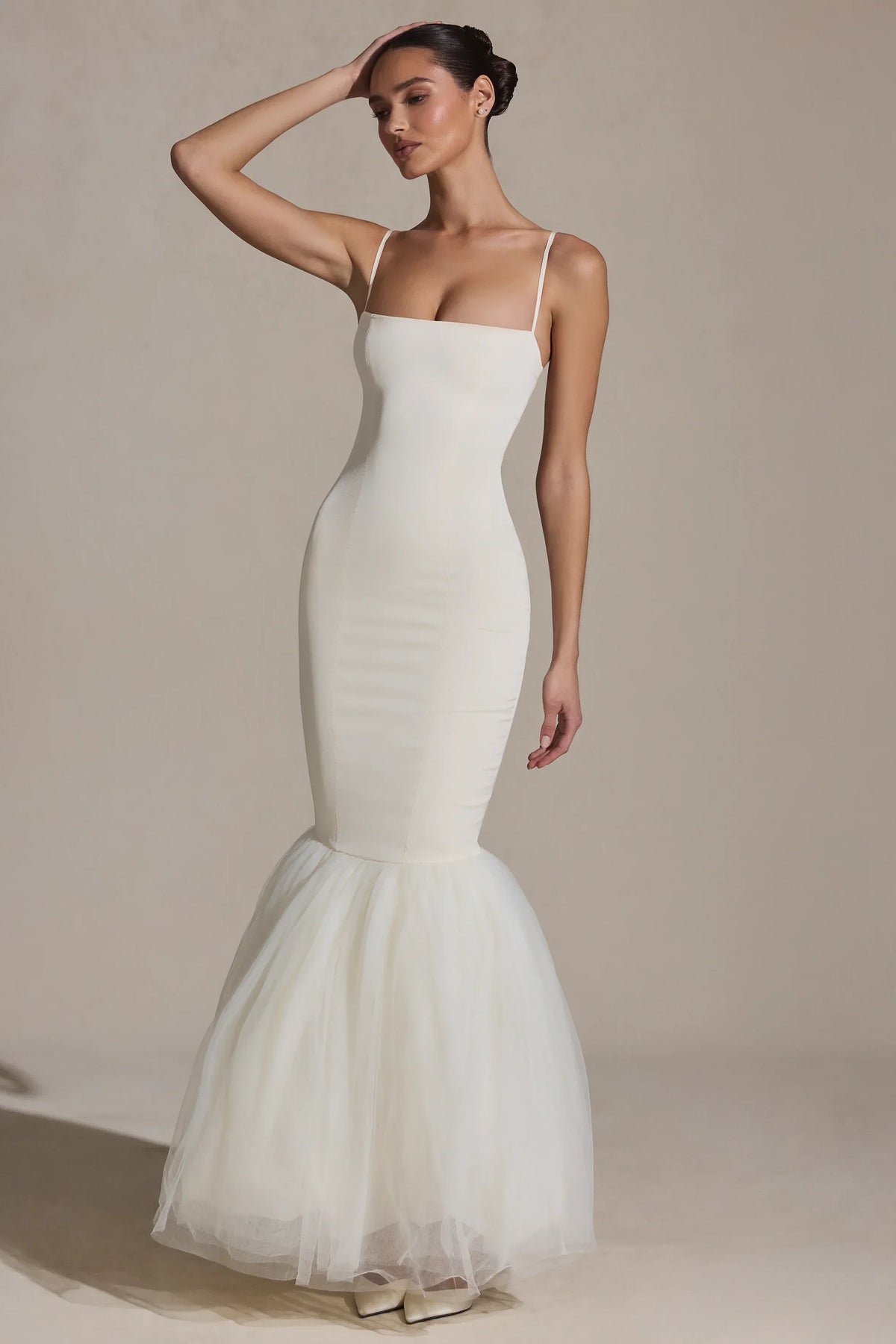 Tulle Hem Fishtail Gown in Ivory
