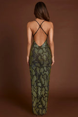 Embellished Halterneck Maxi Dress in Green Snake