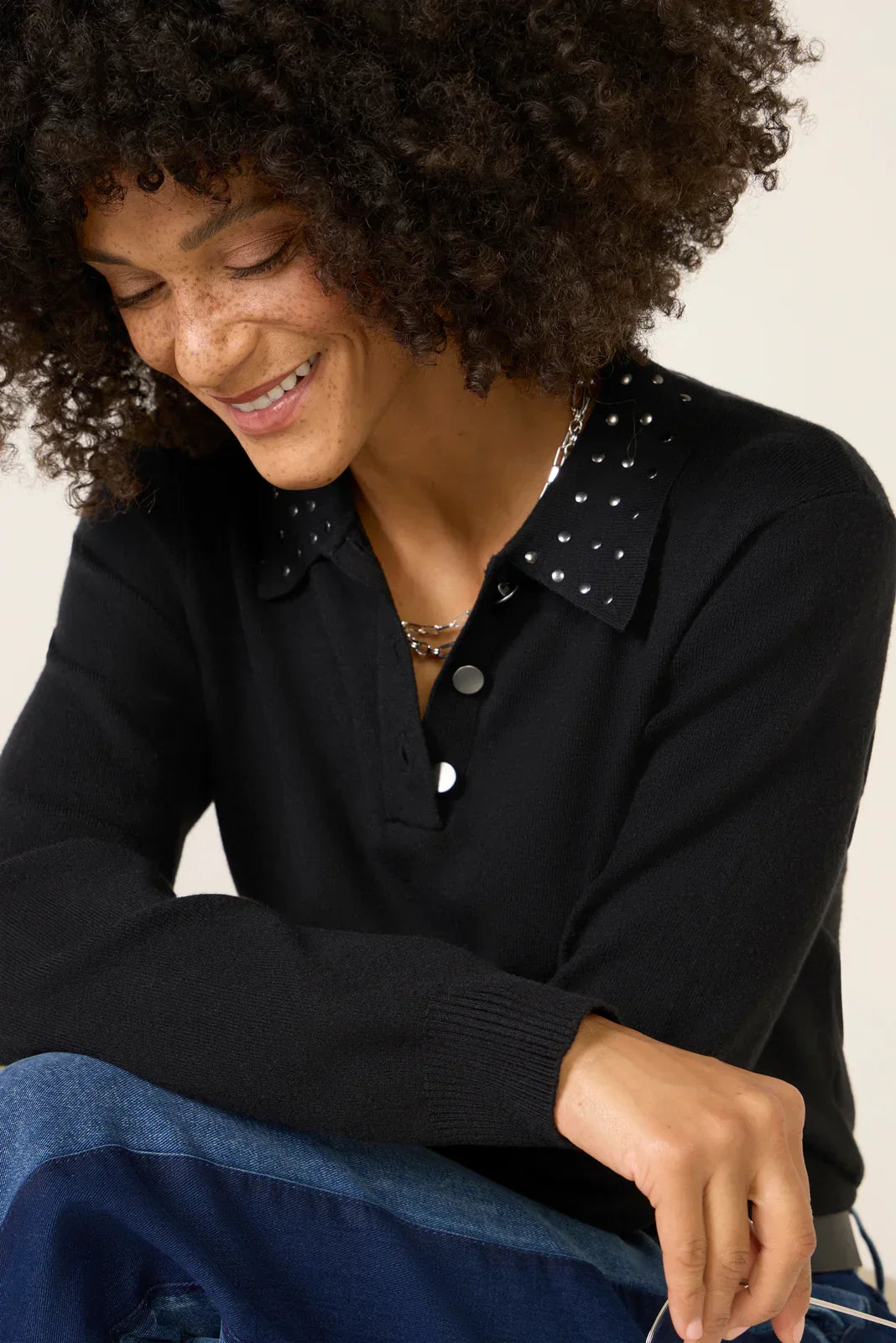 Matty Studded Collar Polo Sweater