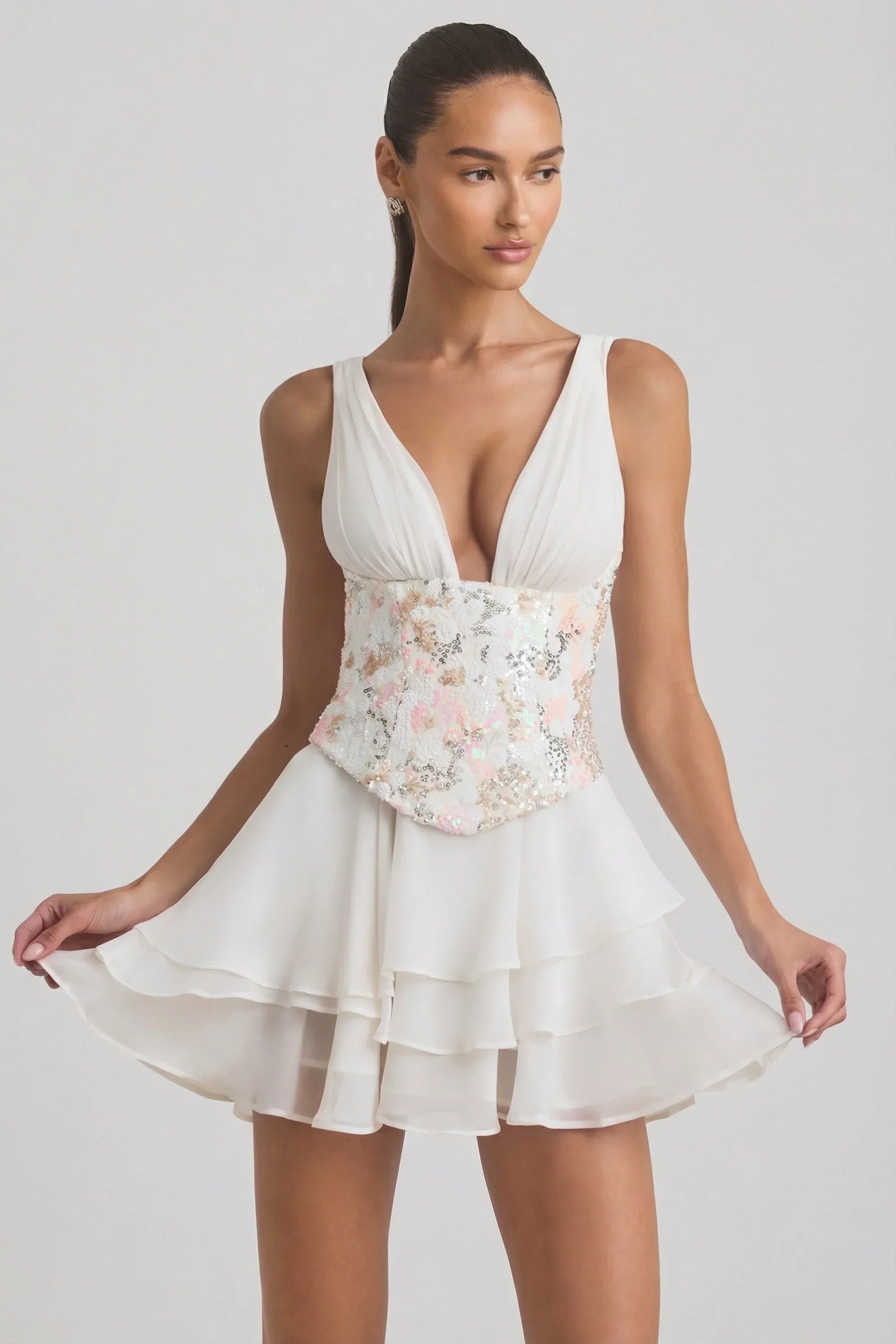 Embellished Ruffled Corset Mini Dress in Ivory