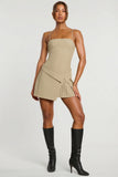 Woven Twill Wrap Over Pleated Mini Dress in Taupe
