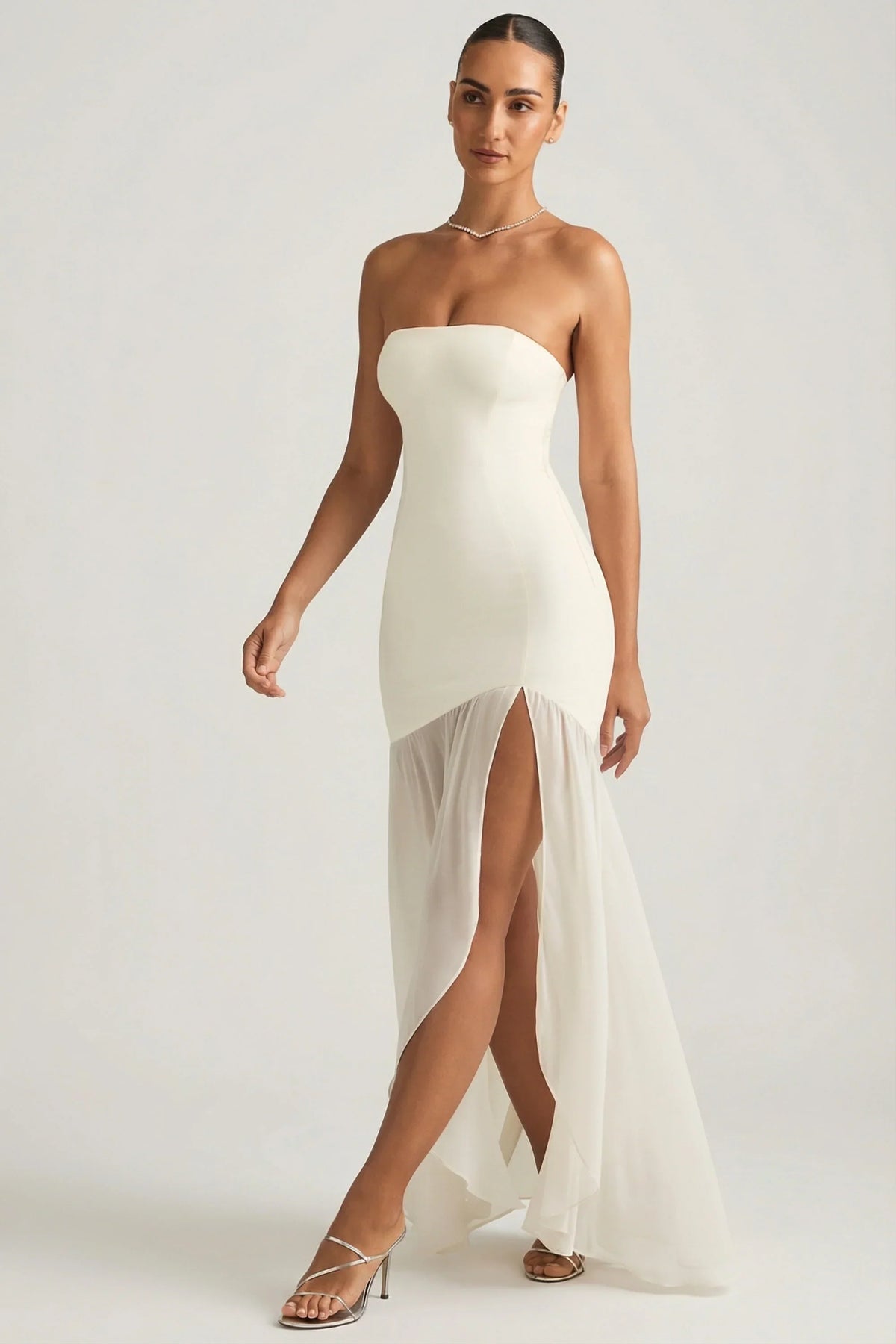 Asymmetric Strapless Fishtail Maxi Dress in Ivory