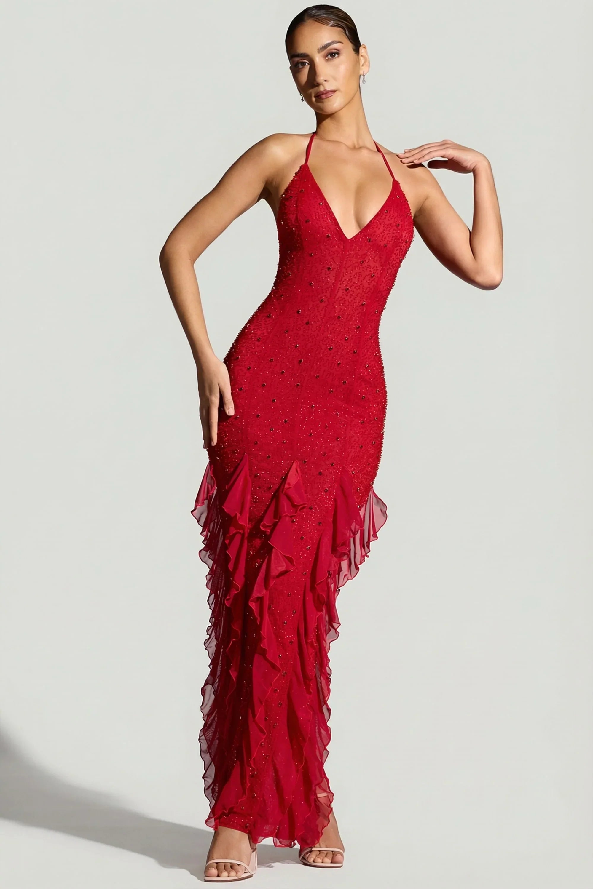 Embellished Halter Neck Ruffle Maxi Dress in Red