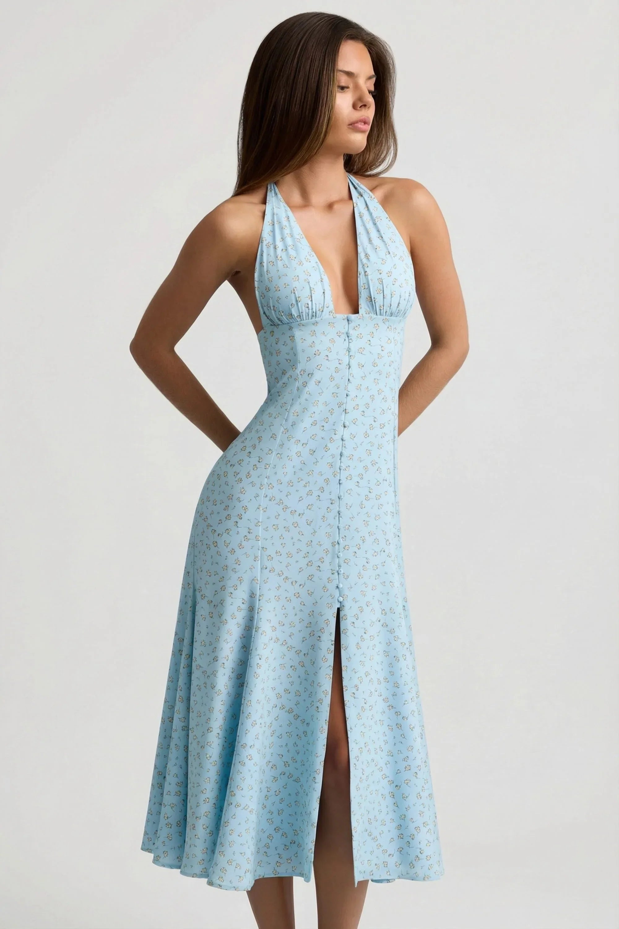 Halterneck Midaxi Dress in Blue Flower Print