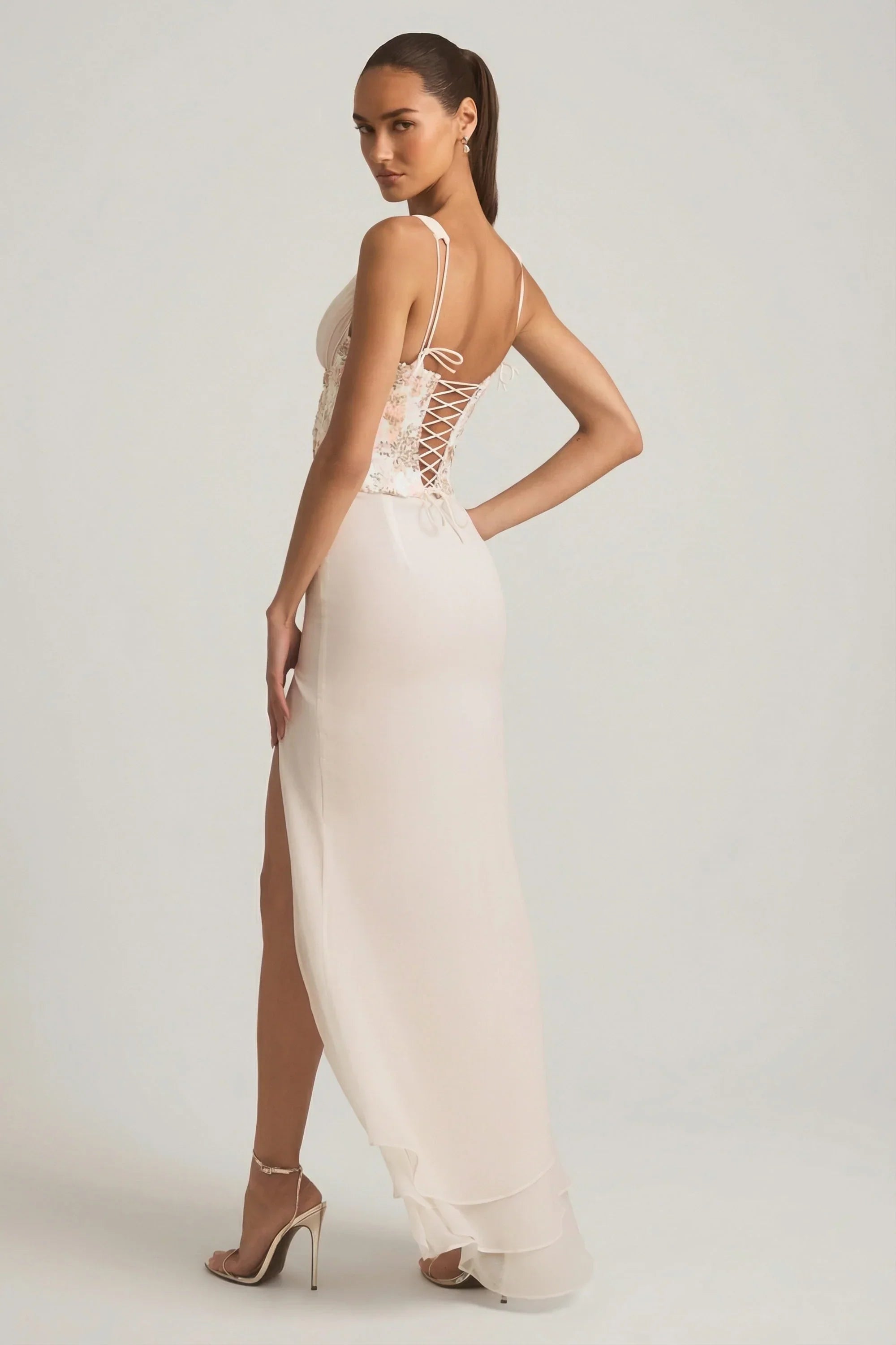 Embellished Plunge Ruffled Corset Maxi Dress in Ivory