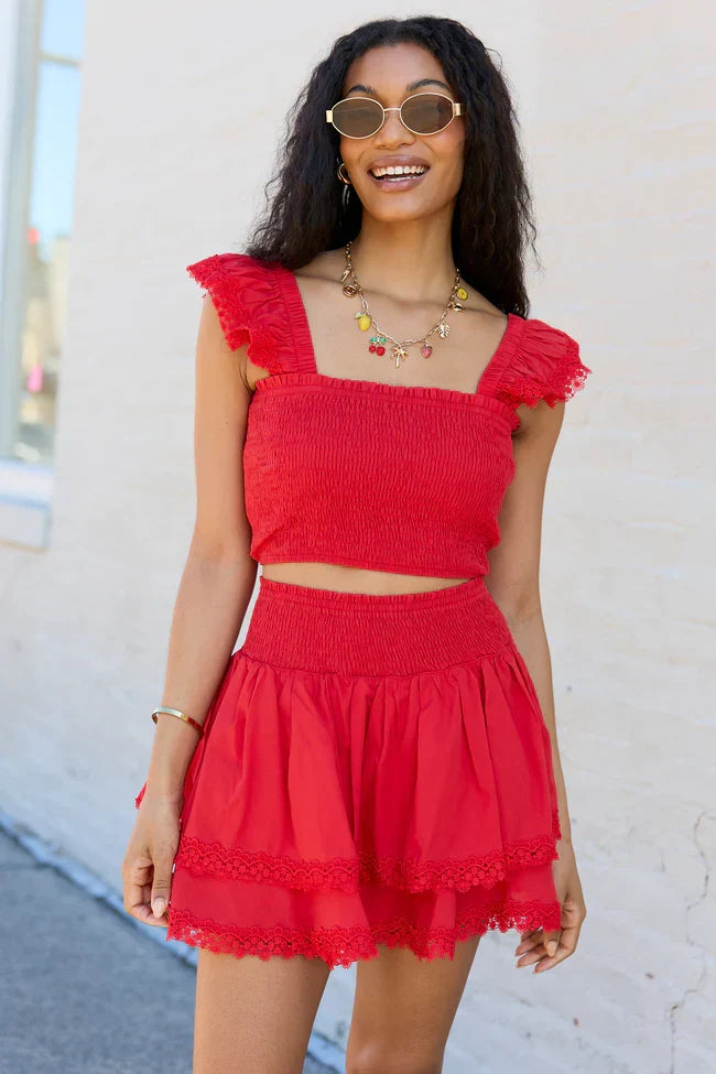 Sweet Talk Red Flutter Shoulder Tank and Skort Set