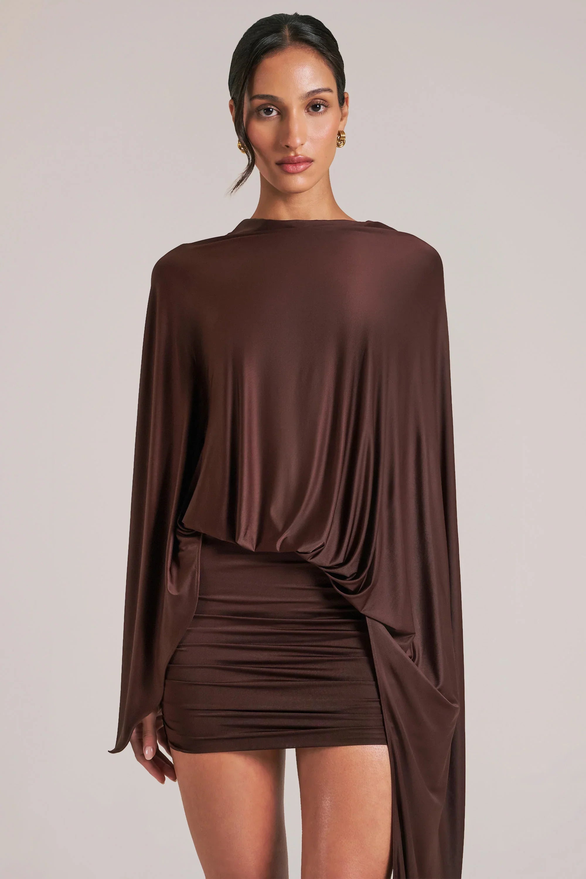 Draped Cape Mini Dress in Chocolate Brown