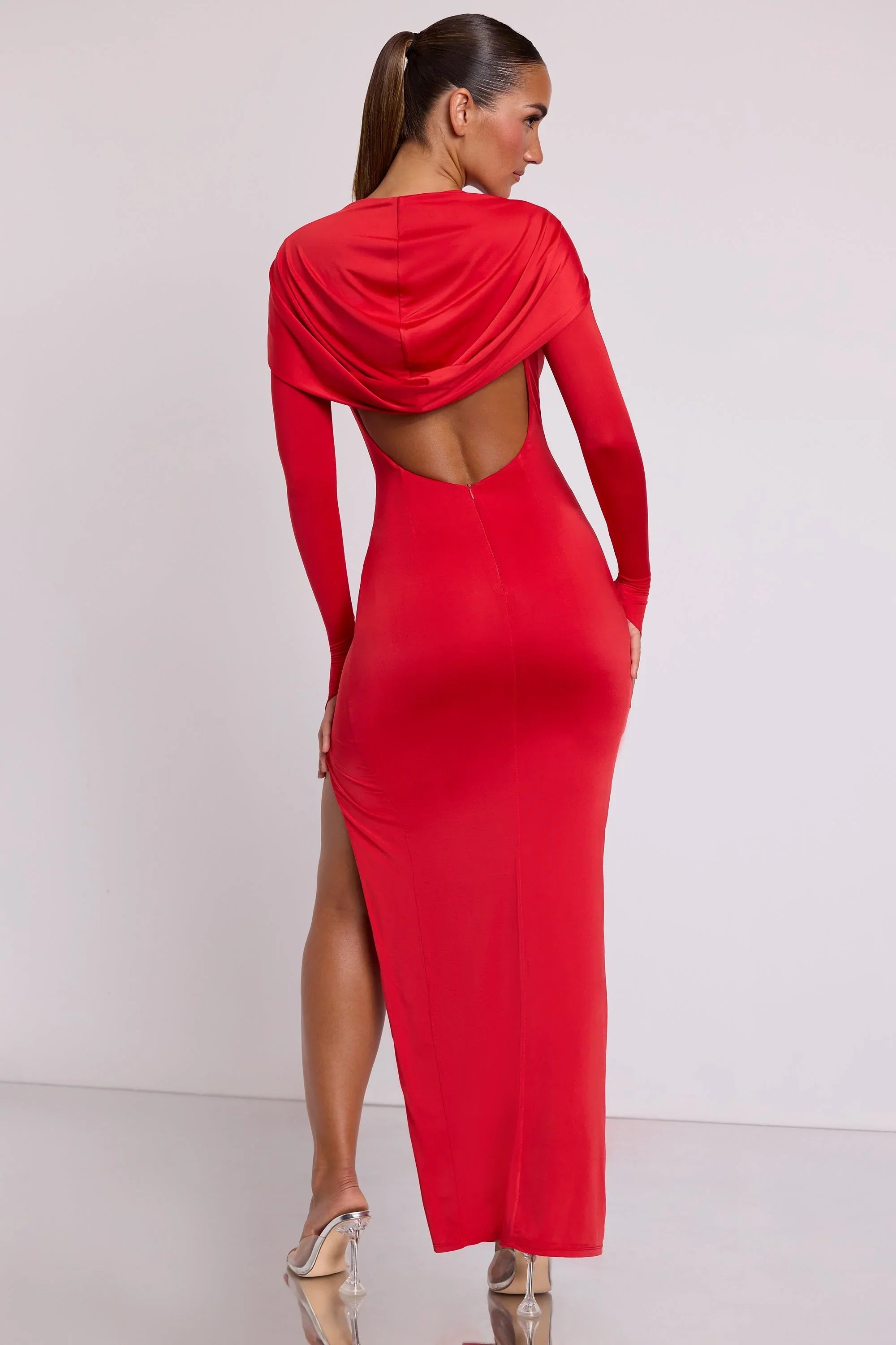 Hooded Long Sleeve Maxi Dress in Fire Red
