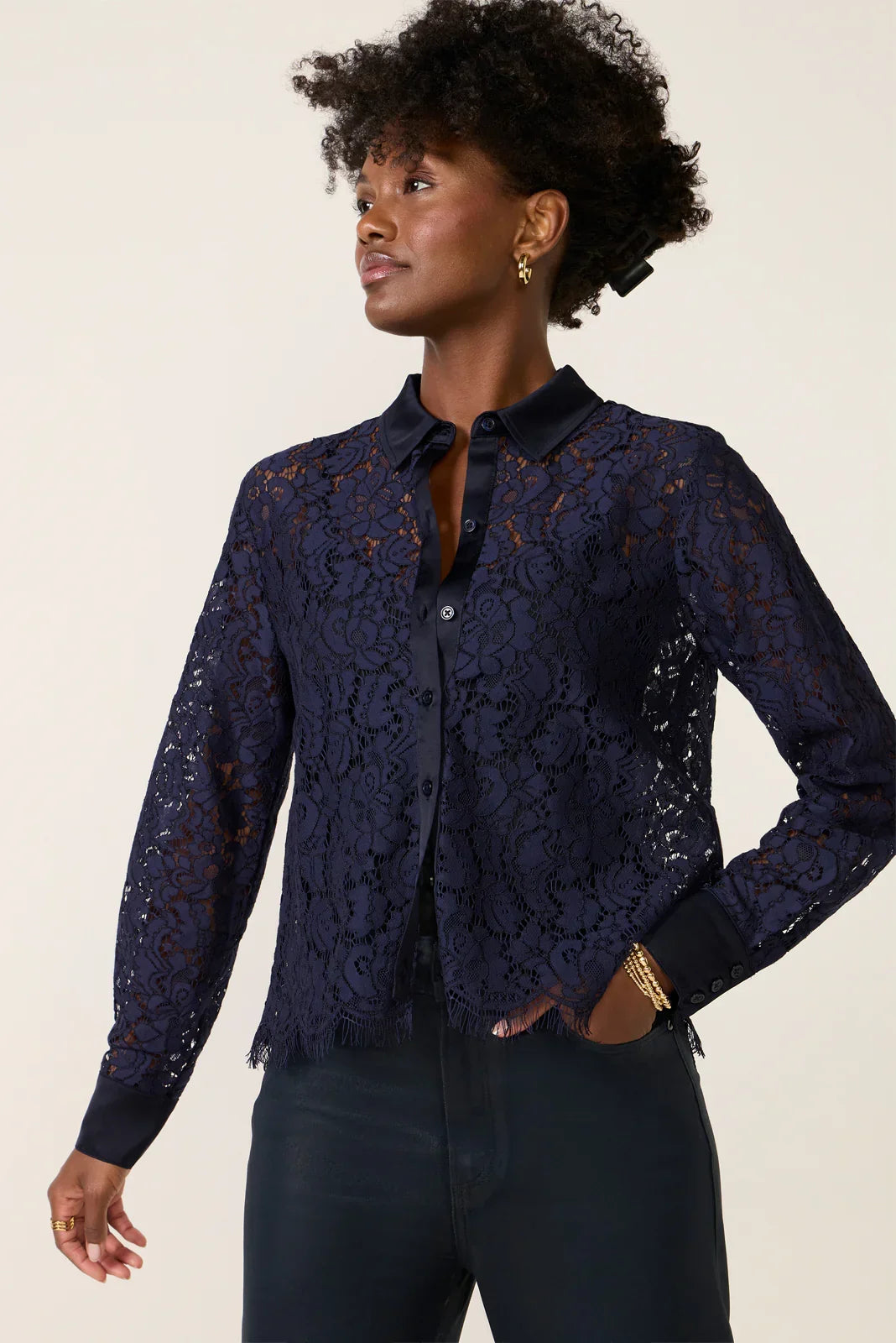 Lace Contrast Button Down