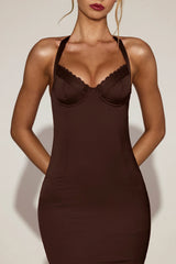 Satin Sweetheart Bustier Fishtail Midaxi Dress in Chocolate Brown