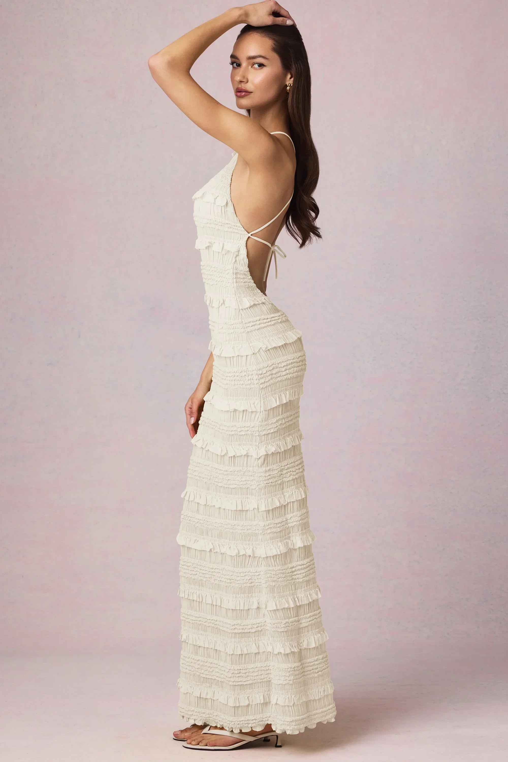 Ruffled Backless Halterneck Maxi Dress in Ivory