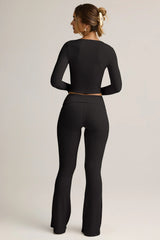 Modal Ribbed Foldover Flared Trousers in Black