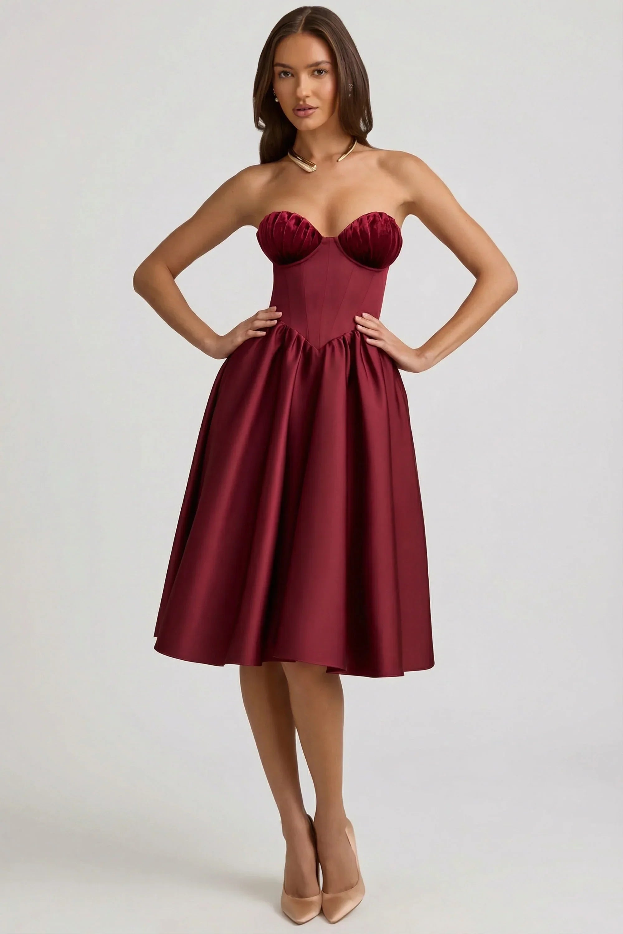 Strapless Corset Midi Dress in Wine Red