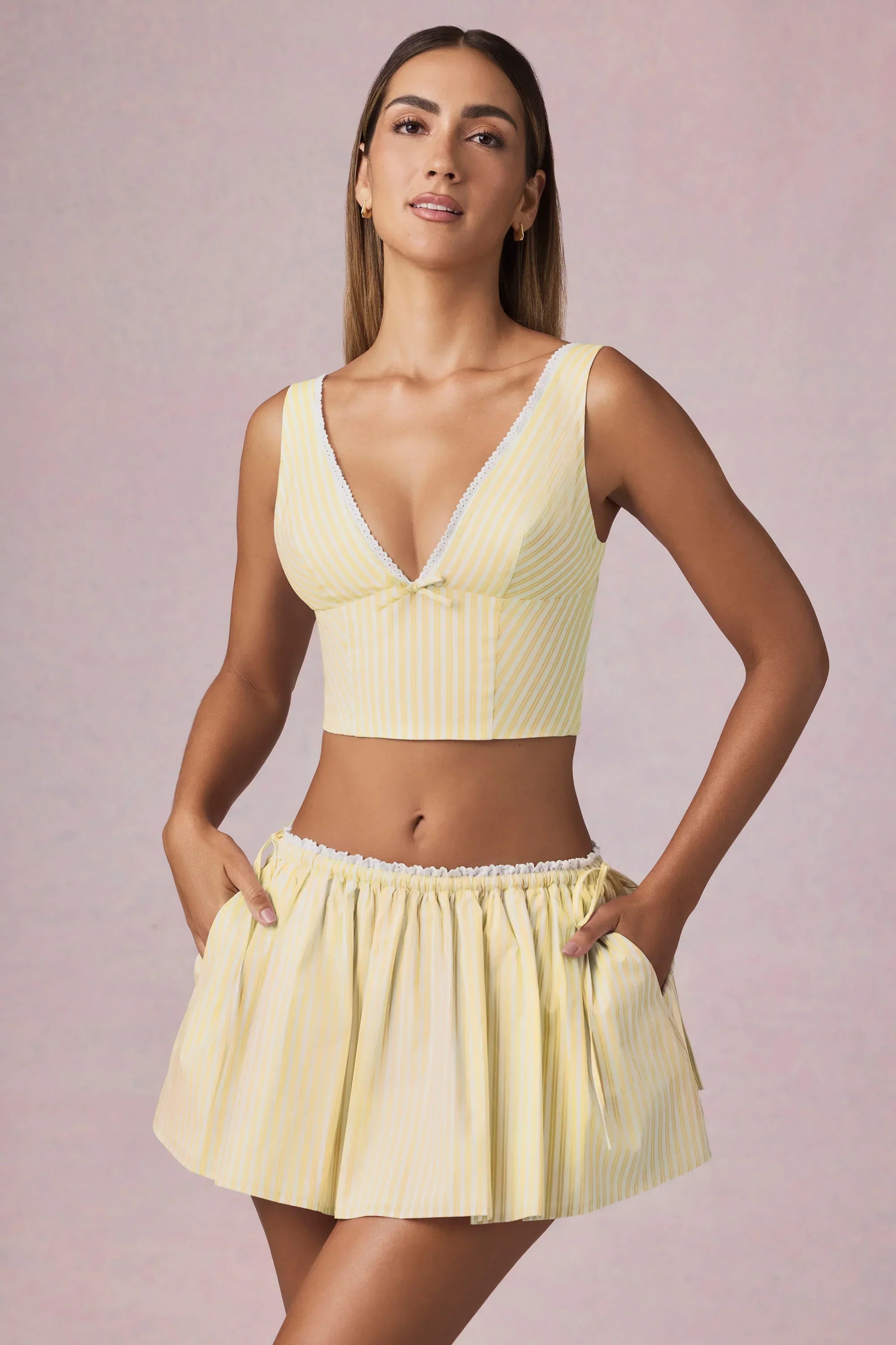 Ruched Drawstring Mini Skirt in Lemon Yellow Stripe
