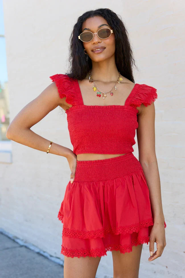 Sweet Talk Red Flutter Shoulder Tank and Skort Set