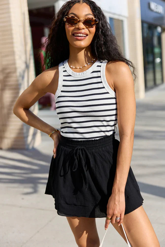 Simple Ivory and Black Ribbed Knit Stripe Tank