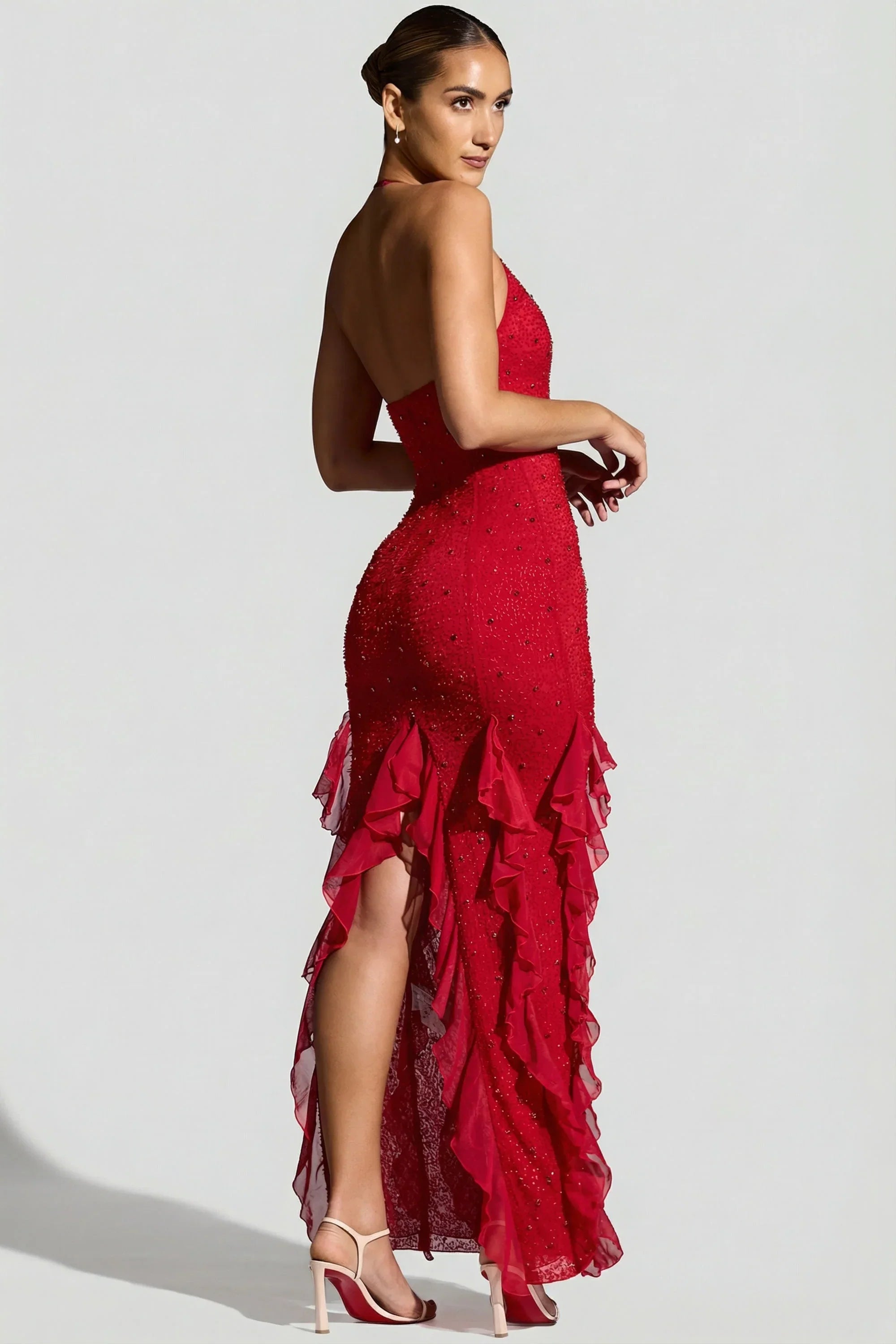 Embellished Halter Neck Ruffle Maxi Dress in Red
