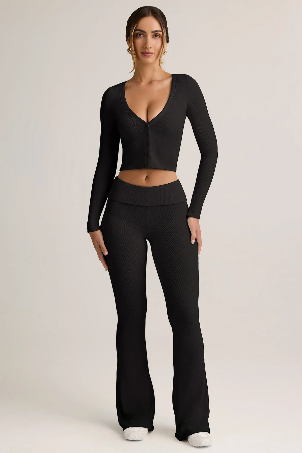 Modal Ribbed Foldover Flared Trousers in Black