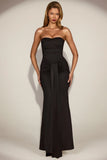 Satin Peekaboo Bandeau Draped Gown in Black