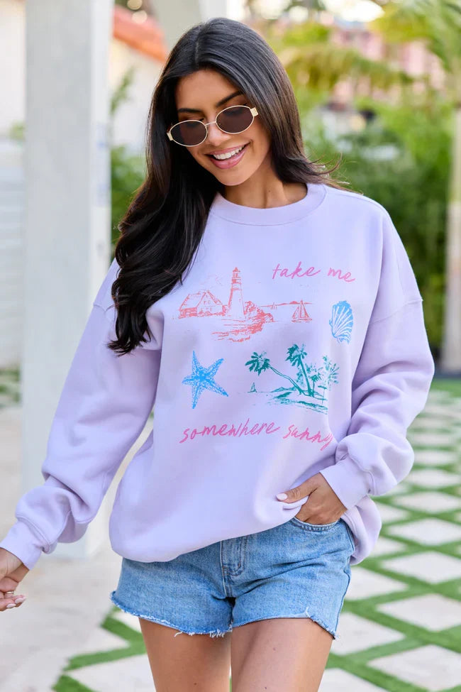 Take Me Somewhere Sunny Purple Graphic Sweatshirt