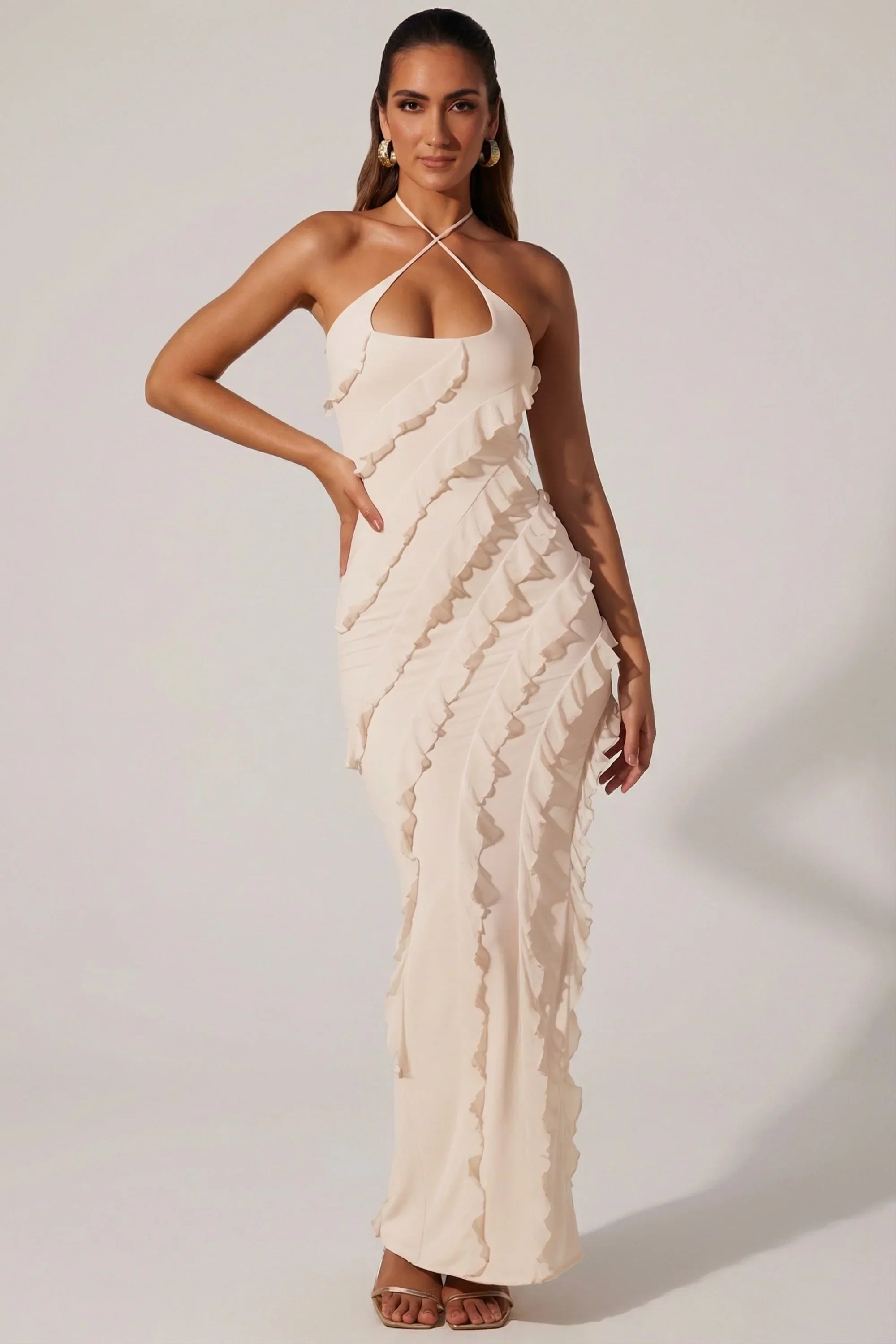 Cross Strap Ruffle Floor Length Dress in Ivory