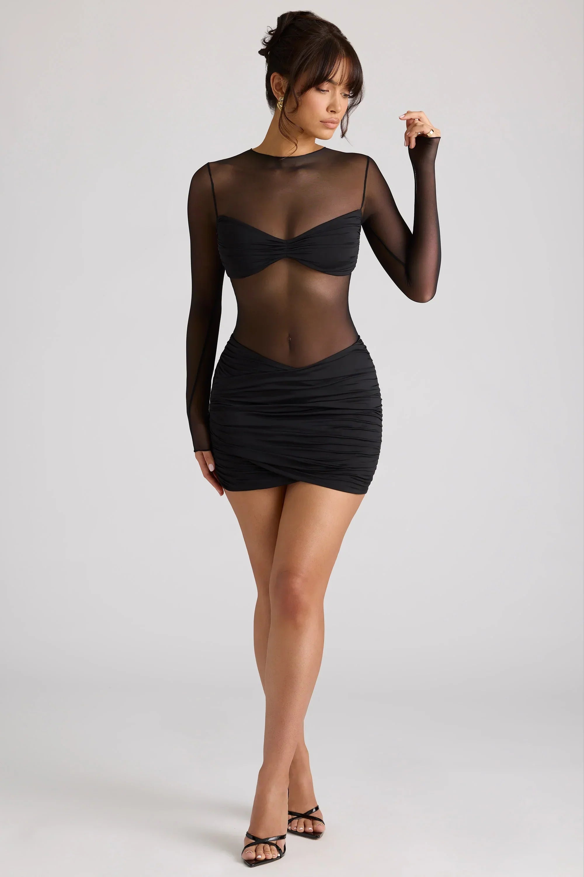 Sheer Panelled Long Sleeve Mini Dress in Black