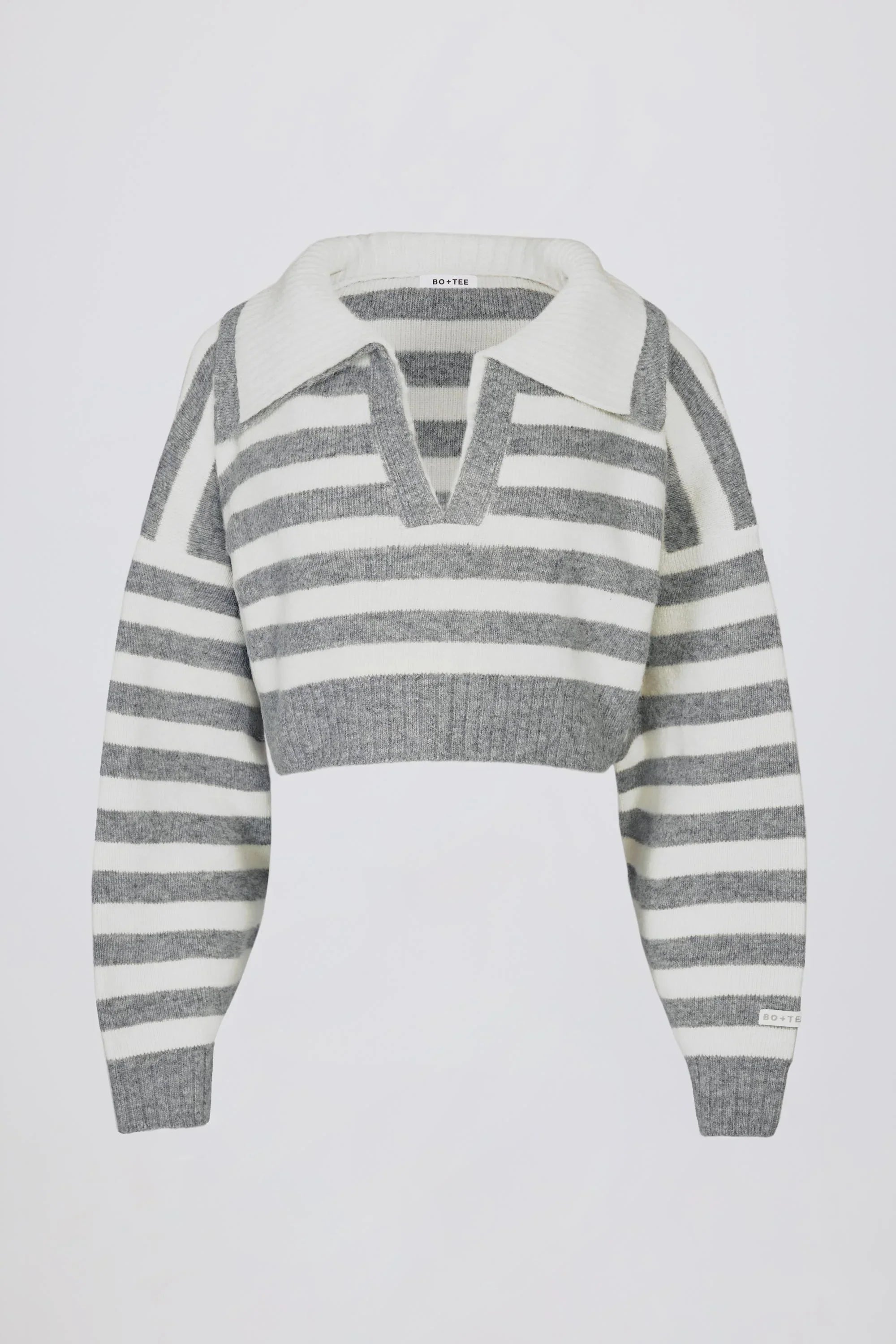 Soft Knit Layered Collar Cropped Jumper in Grey Stripe