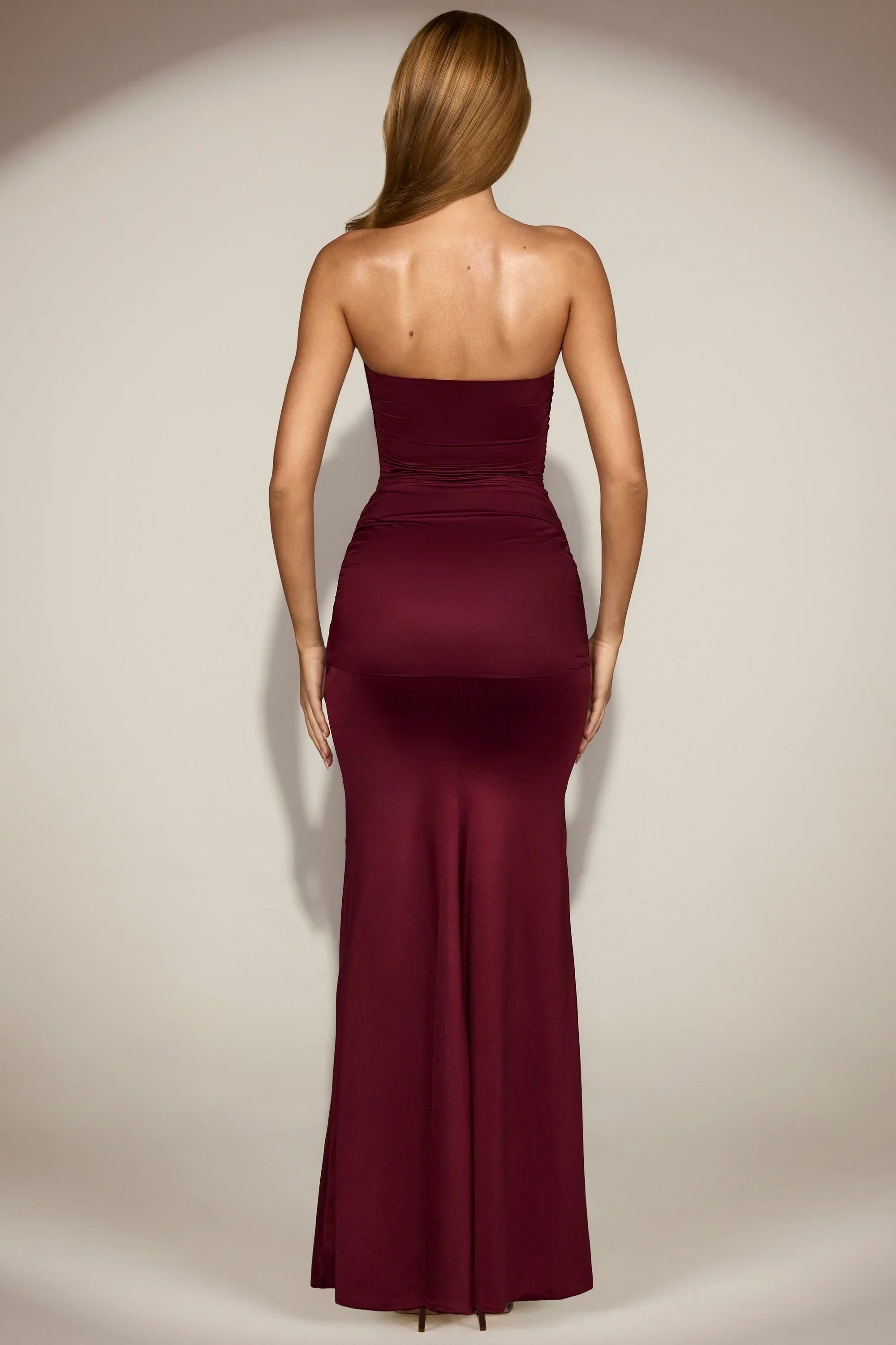 Satin Peekaboo Bandeau Draped Gown in Wine Red