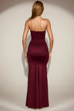Satin Peekaboo Bandeau Draped Gown in Wine Red