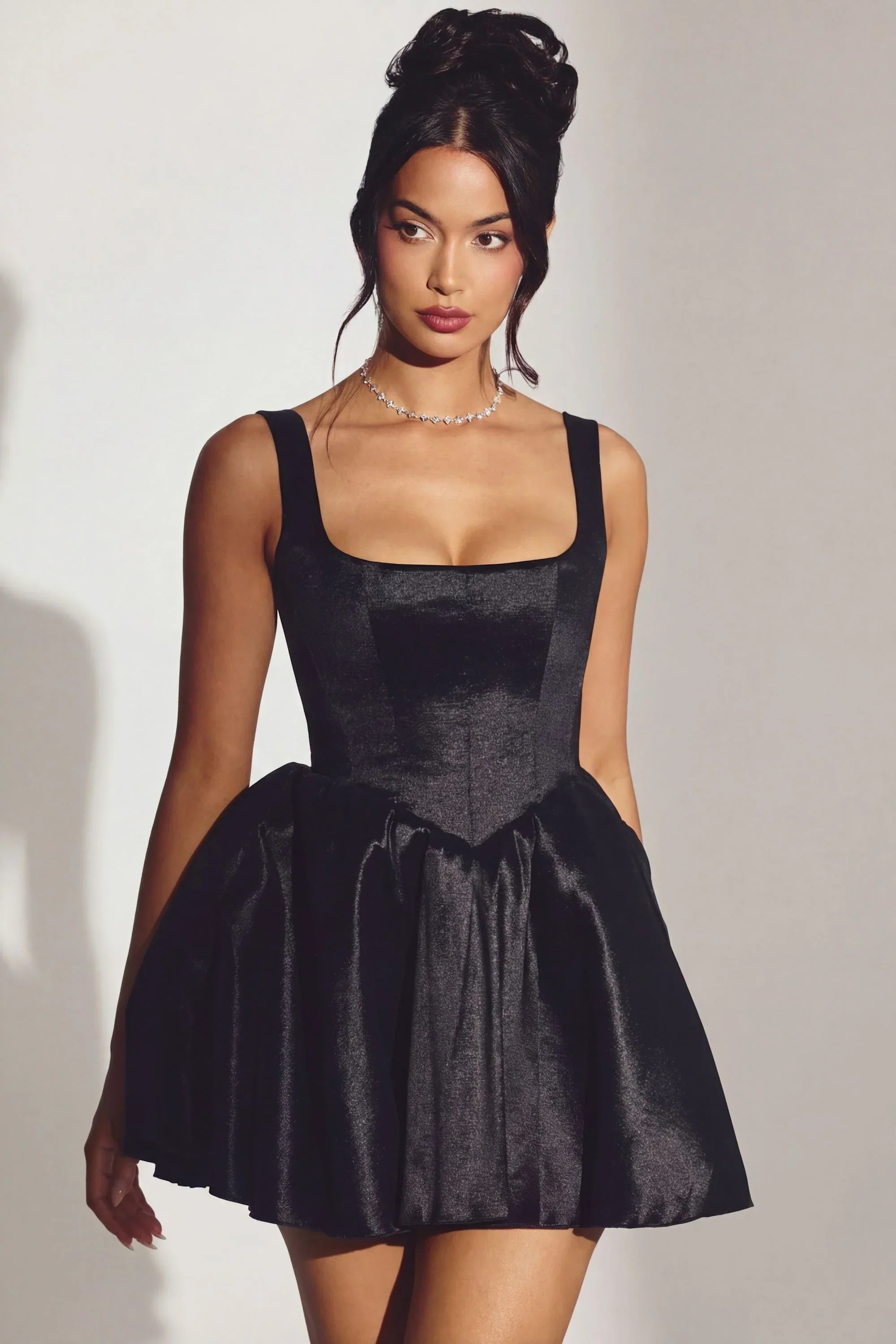 Woven Taffeta Corset Mini Dress in Jet Black