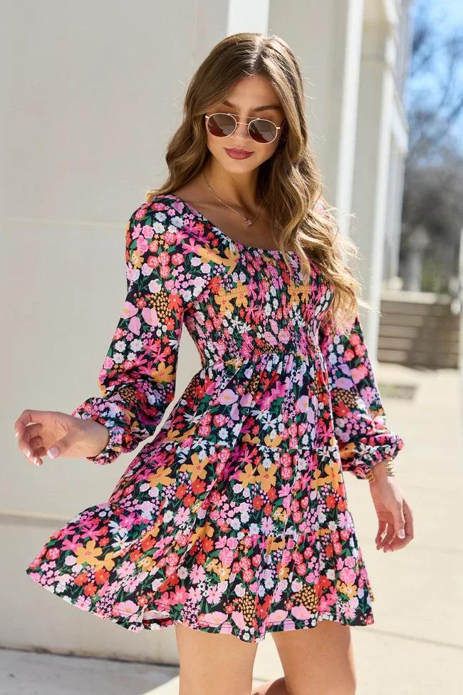 Gloria Black Floral Dress