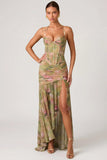 Ruched Asymmetric Corset Gown in Floral Multi Print