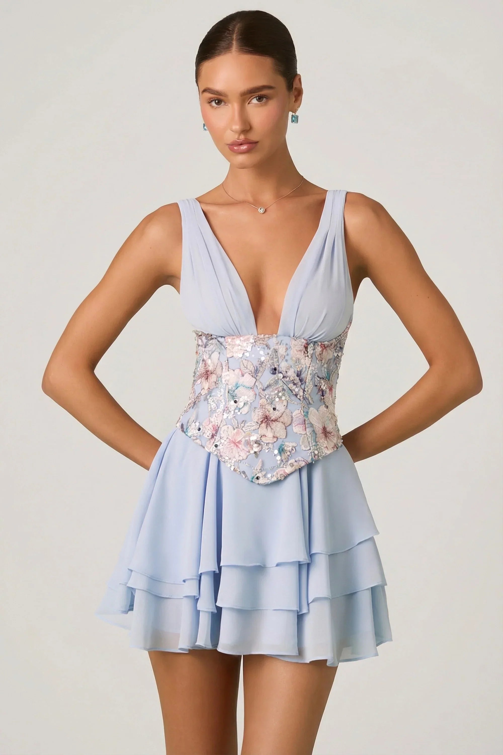 Embellished Ruffled Corset Mini Dress in Floral Blue