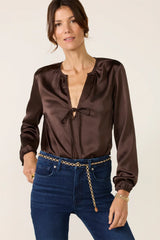 Satin V Neck Bow Top